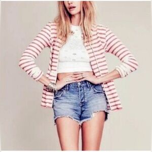 Free People Striped Peplum Jacket Red and Cream Large Coastal Soft Girl Feminine